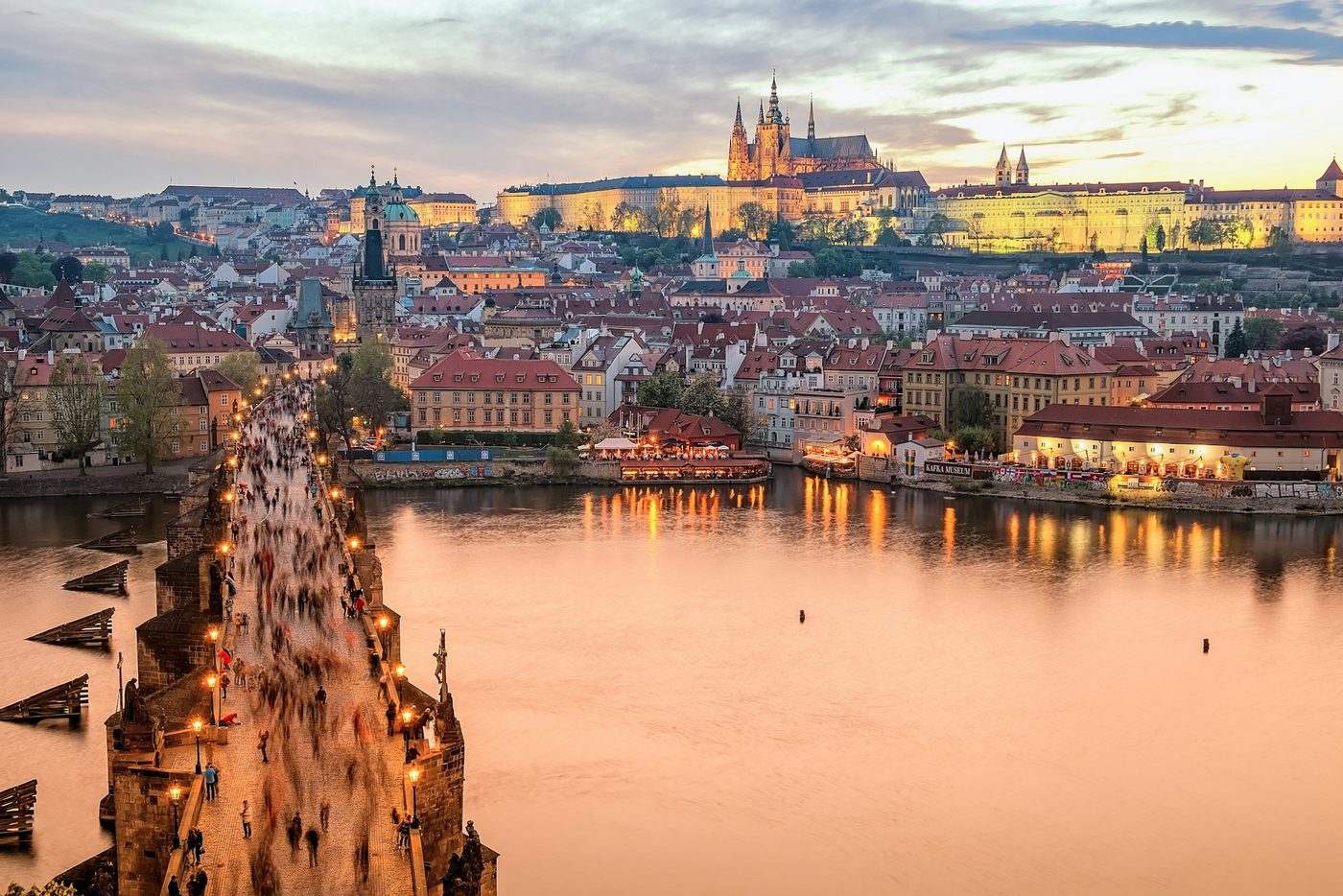 Prague Castle and Charles Bridge at sunset over the Vltava river