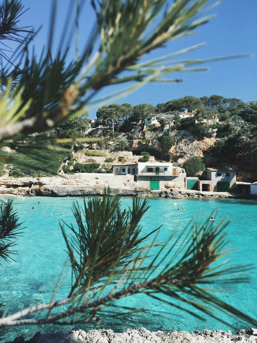 Turquoise baai met witte vissershuisjes en groene deuren, gezien door de takken van een pijnboom