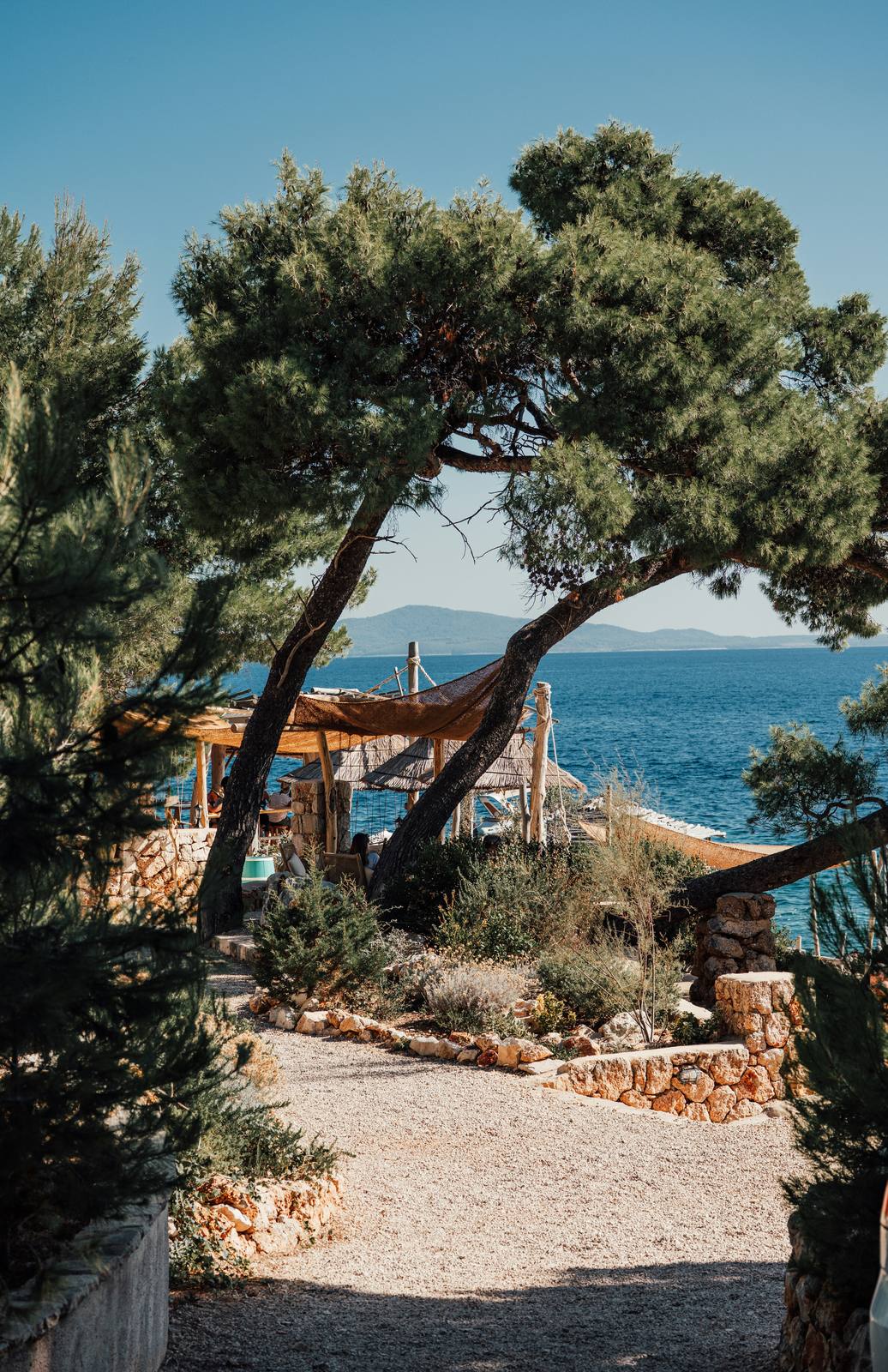 Strandclub met parasols en pijnbomen aan een blauwe mediterrane kust